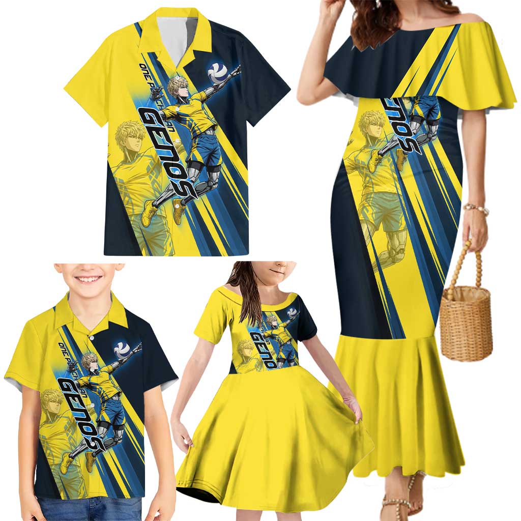 Personalized Genos Volleyball Design Family Matching Mermaid Dress and Hawaiian Shirt with Yellow and Blue Athletic Theme and Dynamic Spike Pose