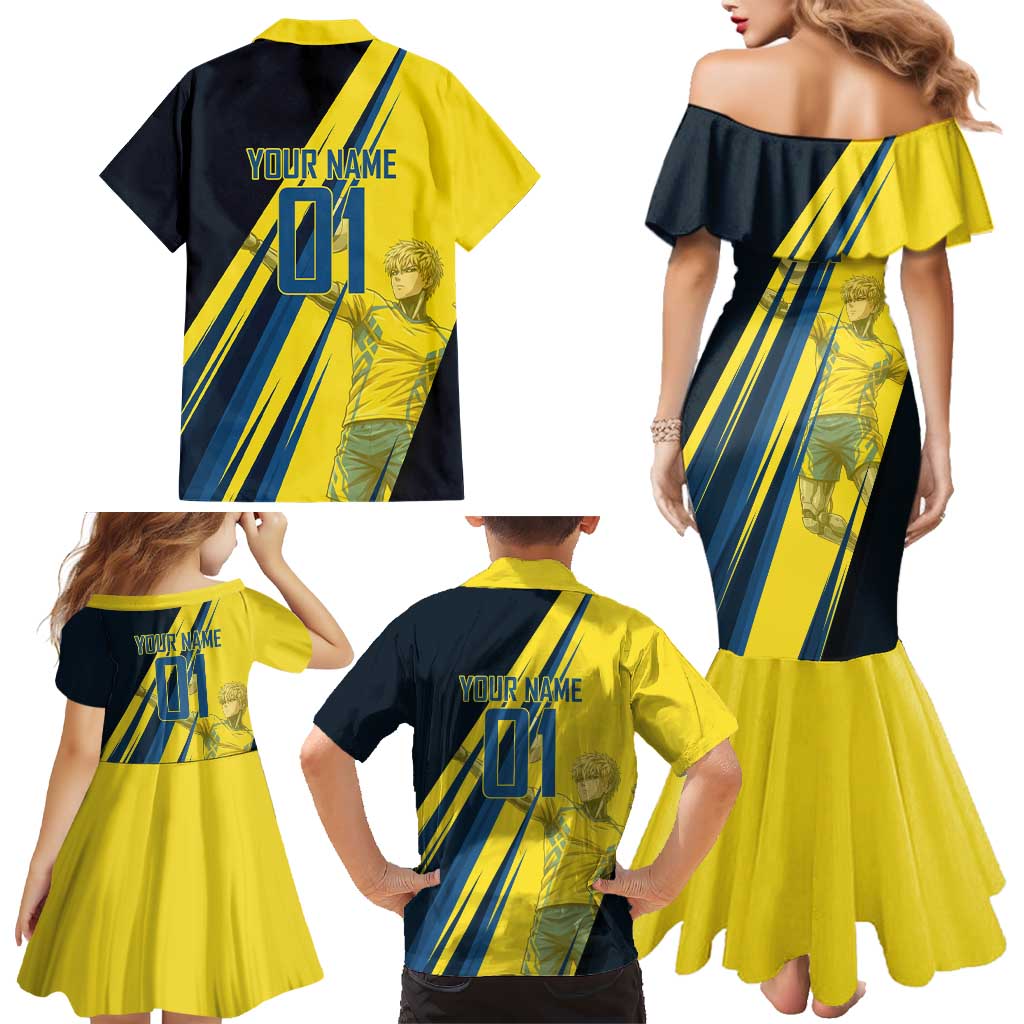 Personalized Genos Volleyball Design Family Matching Mermaid Dress and Hawaiian Shirt with Yellow and Blue Athletic Theme and Dynamic Spike Pose