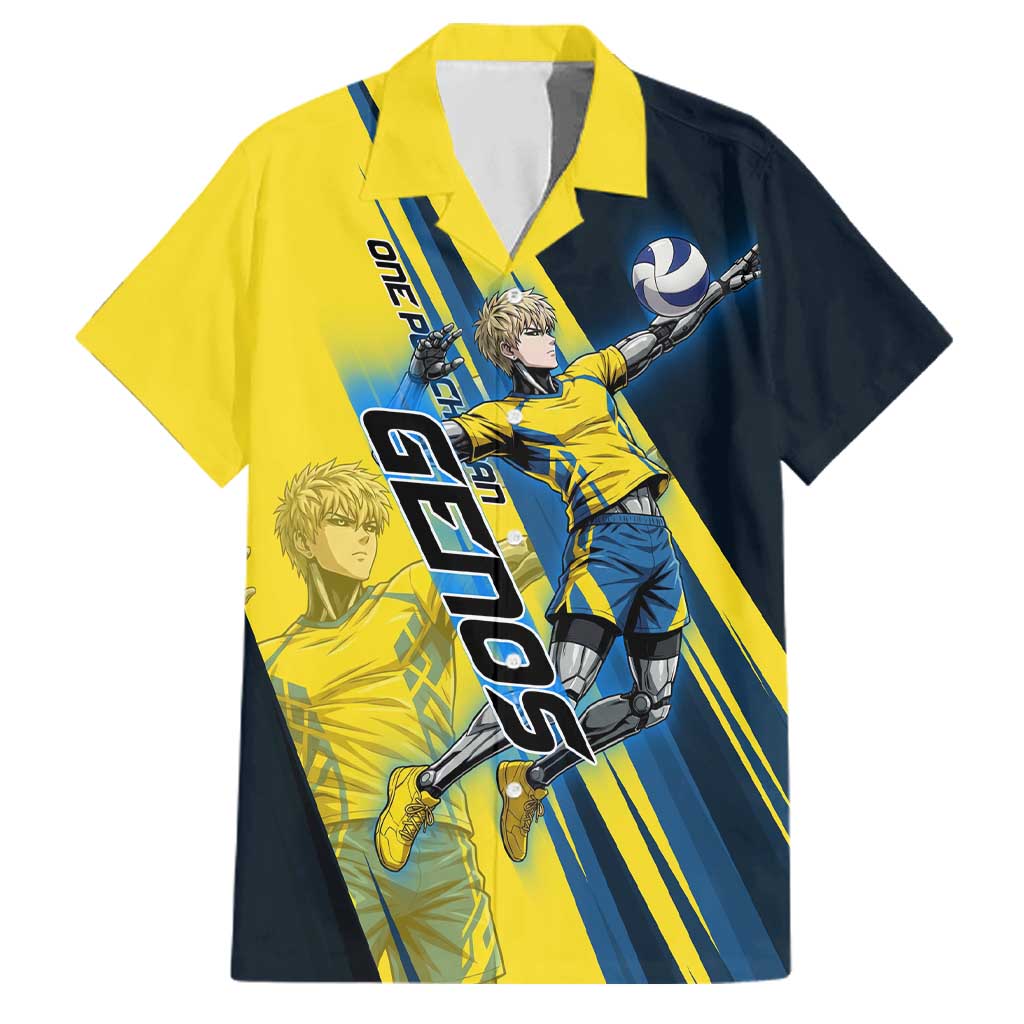 Personalized Genos Volleyball Design Family Matching Mermaid Dress and Hawaiian Shirt with Yellow and Blue Athletic Theme and Dynamic Spike Pose