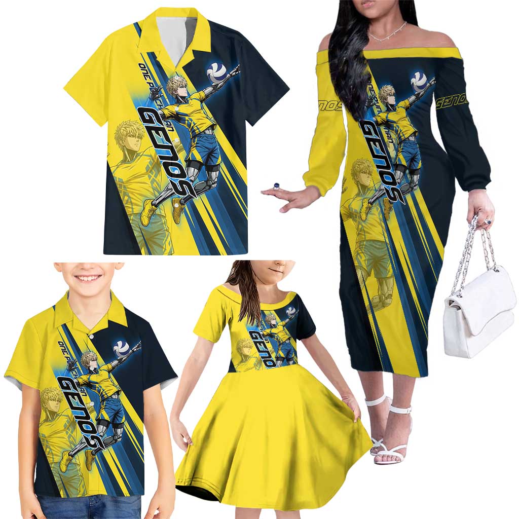 Personalized Genos Volleyball Design Family Matching Off The Shoulder Long Sleeve Dress and Hawaiian Shirt with Yellow and Blue Athletic Theme and Dynamic Spike Pose