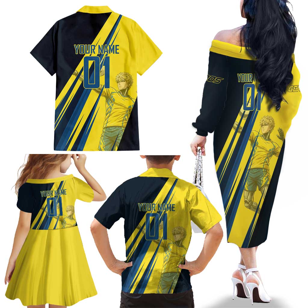 Personalized Genos Volleyball Design Family Matching Off The Shoulder Long Sleeve Dress and Hawaiian Shirt with Yellow and Blue Athletic Theme and Dynamic Spike Pose