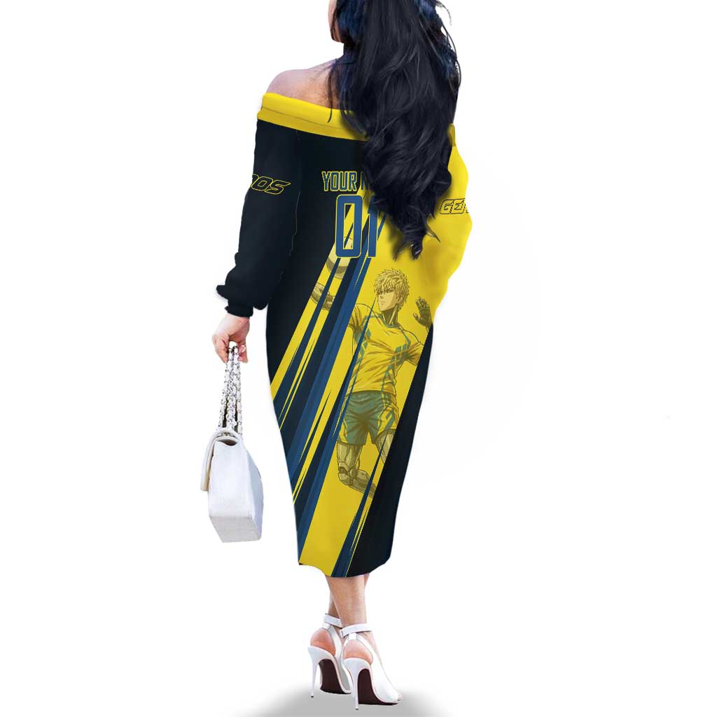 Personalized Genos Volleyball Design Family Matching Off The Shoulder Long Sleeve Dress and Hawaiian Shirt with Yellow and Blue Athletic Theme and Dynamic Spike Pose