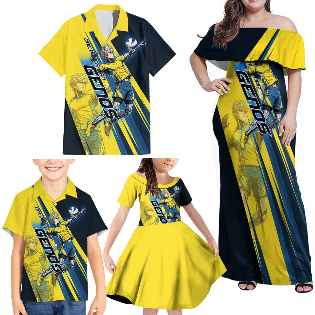 Personalized Genos Volleyball Design Family Matching Off Shoulder Maxi Dress and Hawaiian Shirt with Yellow and Blue Athletic Theme and Dynamic Spike Pose