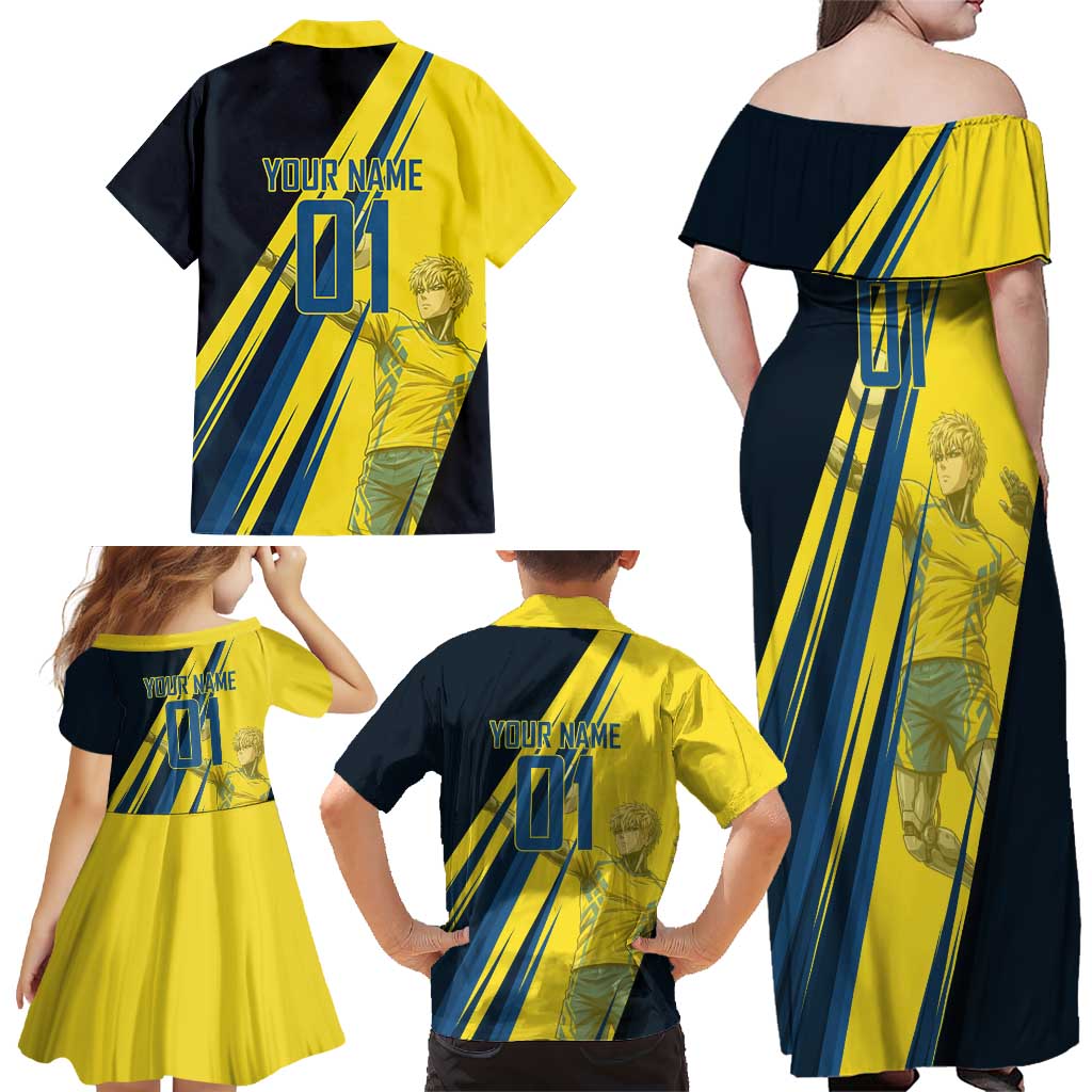 Personalized Genos Volleyball Design Family Matching Off Shoulder Maxi Dress and Hawaiian Shirt with Yellow and Blue Athletic Theme and Dynamic Spike Pose