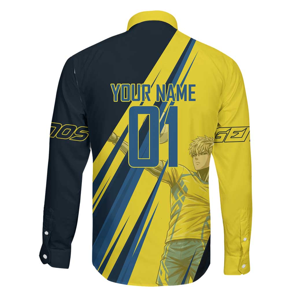Personalized Genos Volleyball Design Family Matching Off Shoulder Maxi Dress and Hawaiian Shirt with Yellow and Blue Athletic Theme and Dynamic Spike Pose