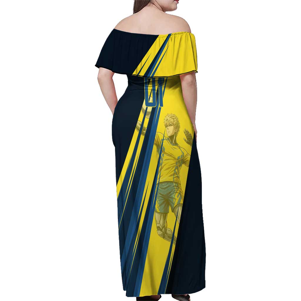Personalized Genos Volleyball Design Family Matching Off Shoulder Maxi Dress and Hawaiian Shirt with Yellow and Blue Athletic Theme and Dynamic Spike Pose