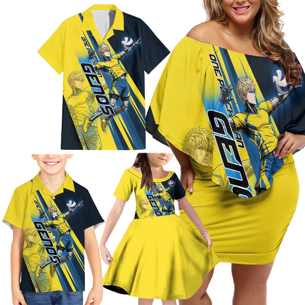 Personalized Genos Volleyball Design Family Matching Off Shoulder Short Dress and Hawaiian Shirt with Yellow and Blue Athletic Theme and Dynamic Spike Pose