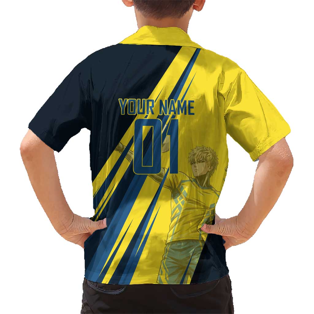 Personalized Genos Volleyball Design Family Matching Off Shoulder Short Dress and Hawaiian Shirt with Yellow and Blue Athletic Theme and Dynamic Spike Pose