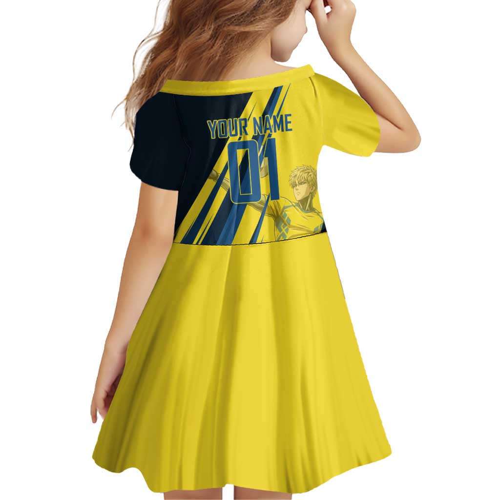 Personalized Genos Volleyball Design Family Matching Off Shoulder Short Dress and Hawaiian Shirt with Yellow and Blue Athletic Theme and Dynamic Spike Pose