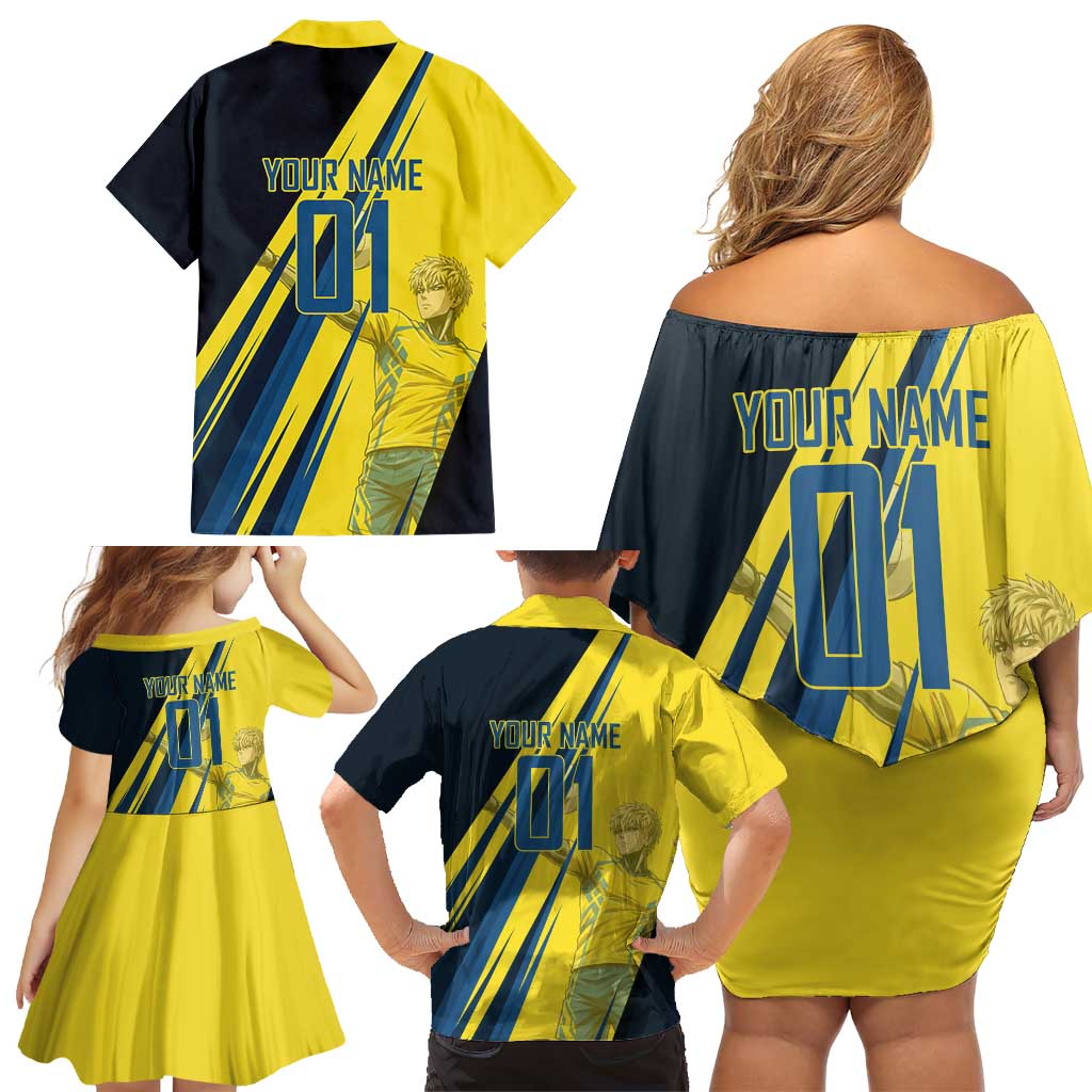 Personalized Genos Volleyball Design Family Matching Off Shoulder Short Dress and Hawaiian Shirt with Yellow and Blue Athletic Theme and Dynamic Spike Pose