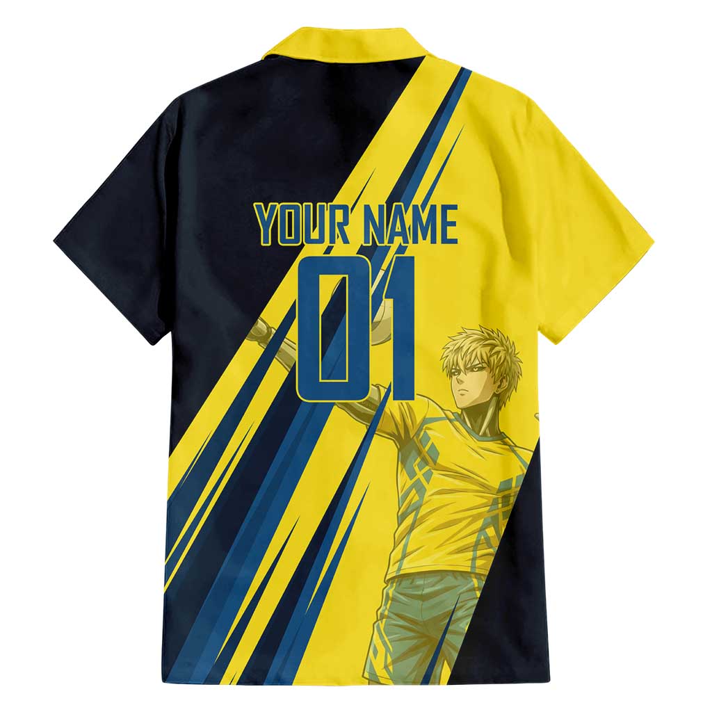 Personalized Genos Volleyball Design Family Matching Off Shoulder Short Dress and Hawaiian Shirt with Yellow and Blue Athletic Theme and Dynamic Spike Pose