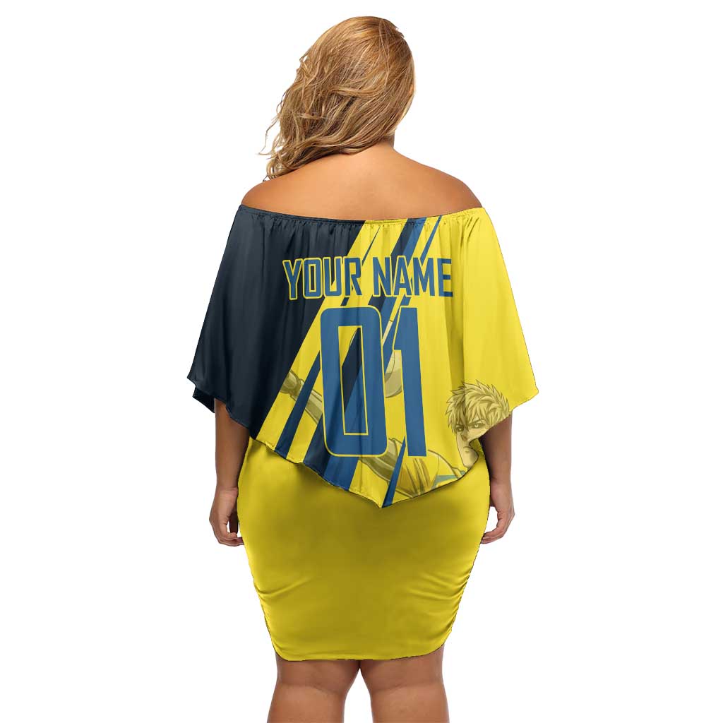 Personalized Genos Volleyball Design Family Matching Off Shoulder Short Dress and Hawaiian Shirt with Yellow and Blue Athletic Theme and Dynamic Spike Pose