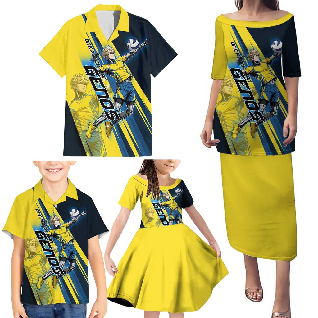 Personalized Genos Volleyball Design Family Matching Puletasi and Hawaiian Shirt with Yellow and Blue Athletic Theme and Dynamic Spike Pose