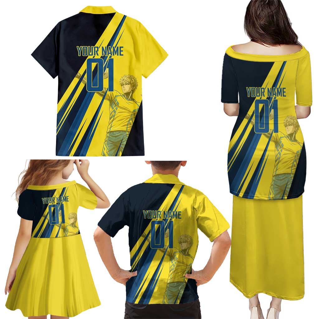 Personalized Genos Volleyball Design Family Matching Puletasi and Hawaiian Shirt with Yellow and Blue Athletic Theme and Dynamic Spike Pose