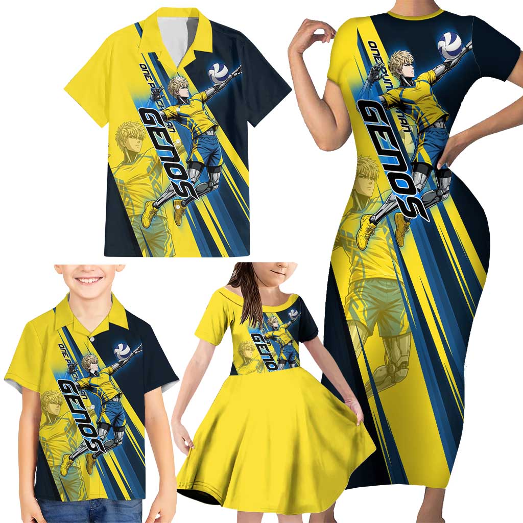 Personalized Genos Volleyball Design Family Matching Short Sleeve Bodycon Dress and Hawaiian Shirt with Yellow and Blue Athletic Theme and Dynamic Spike Pose