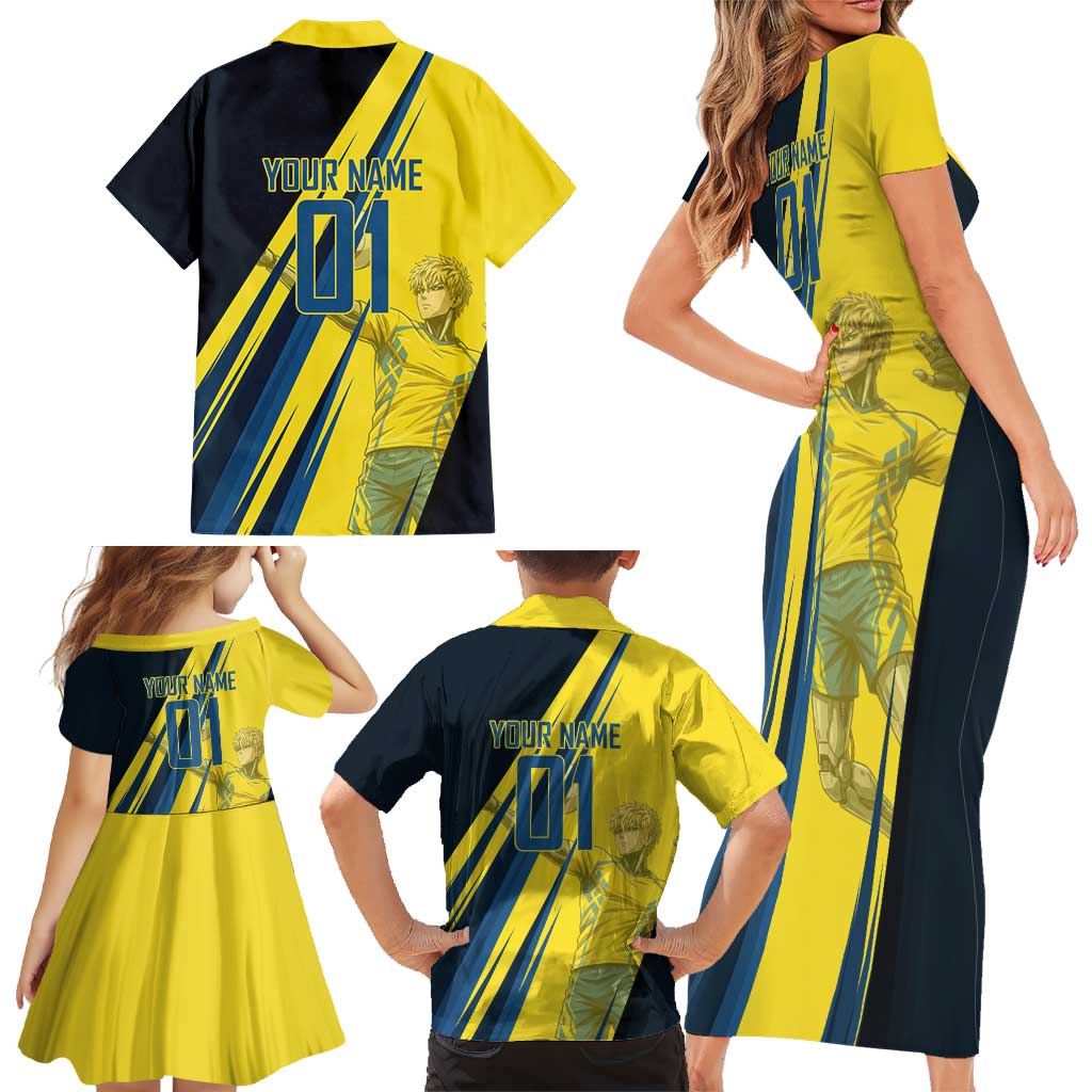 Personalized Genos Volleyball Design Family Matching Short Sleeve Bodycon Dress and Hawaiian Shirt with Yellow and Blue Athletic Theme and Dynamic Spike Pose