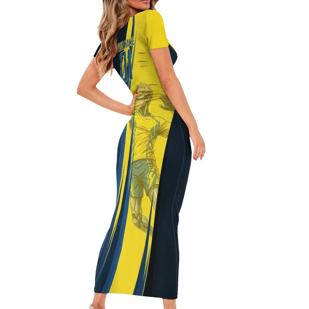 Personalized Genos Volleyball Design Family Matching Short Sleeve Bodycon Dress and Hawaiian Shirt with Yellow and Blue Athletic Theme and Dynamic Spike Pose