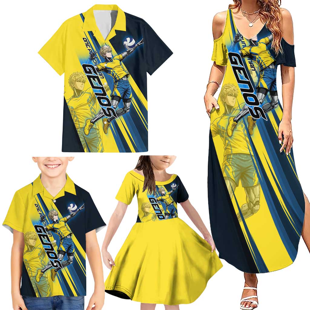 Personalized Genos Volleyball Design Family Matching Summer Maxi Dress and Hawaiian Shirt with Yellow and Blue Athletic Theme and Dynamic Spike Pose