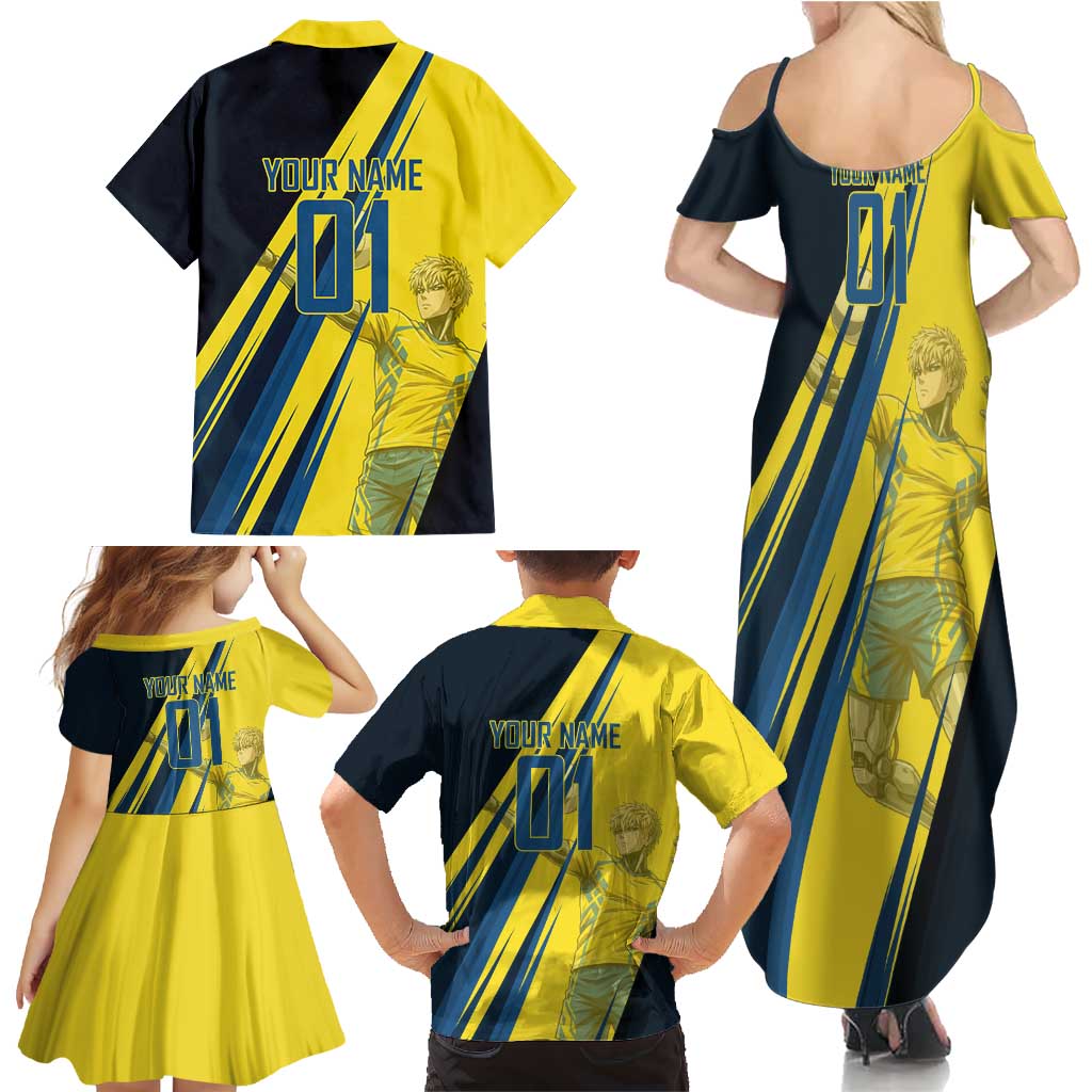 Personalized Genos Volleyball Design Family Matching Summer Maxi Dress and Hawaiian Shirt with Yellow and Blue Athletic Theme and Dynamic Spike Pose