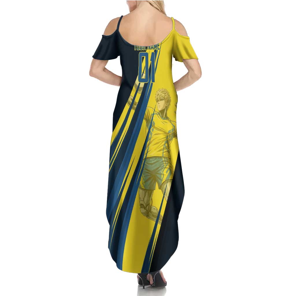 Personalized Genos Volleyball Design Family Matching Summer Maxi Dress and Hawaiian Shirt with Yellow and Blue Athletic Theme and Dynamic Spike Pose