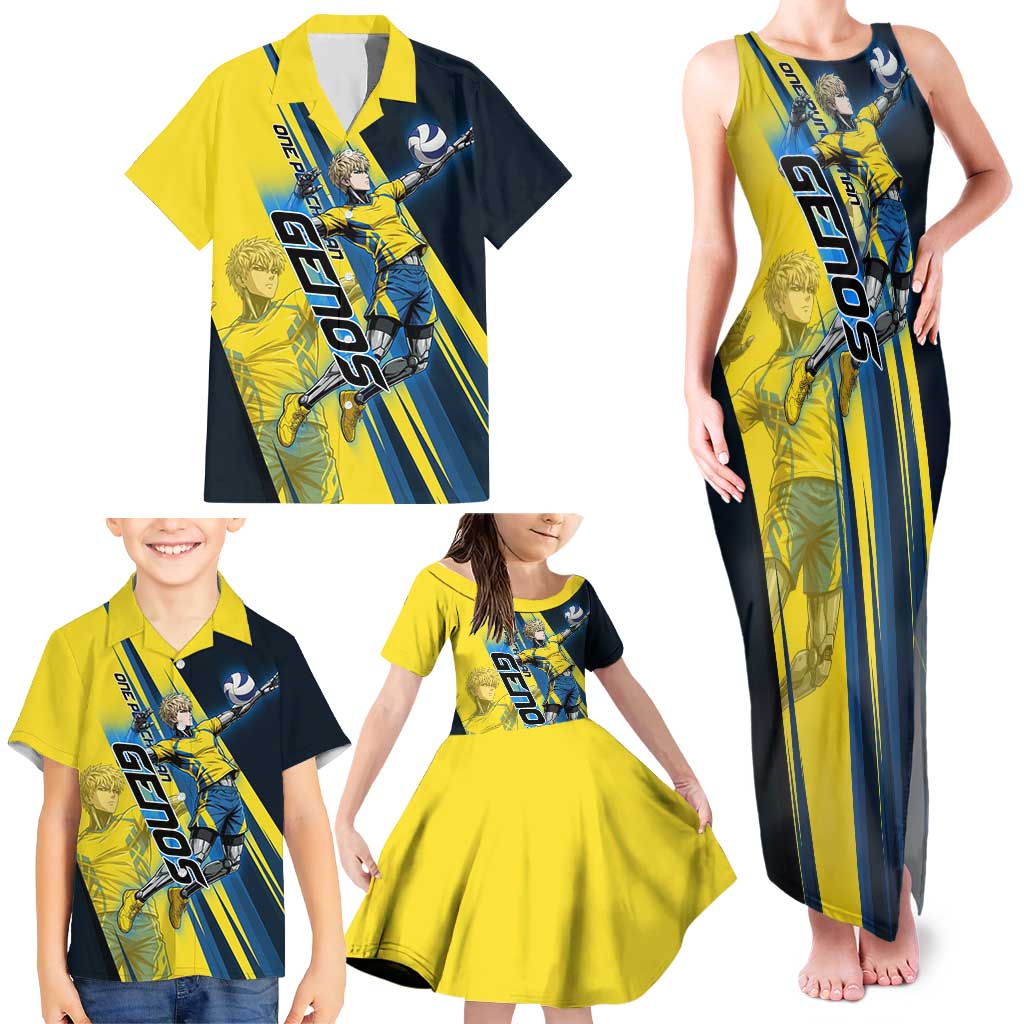 Personalized Genos Volleyball Design Family Matching Tank Maxi Dress and Hawaiian Shirt with Yellow and Blue Athletic Theme and Dynamic Spike Pose