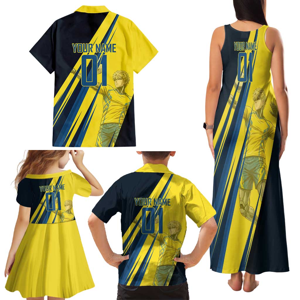 Personalized Genos Volleyball Design Family Matching Tank Maxi Dress and Hawaiian Shirt with Yellow and Blue Athletic Theme and Dynamic Spike Pose