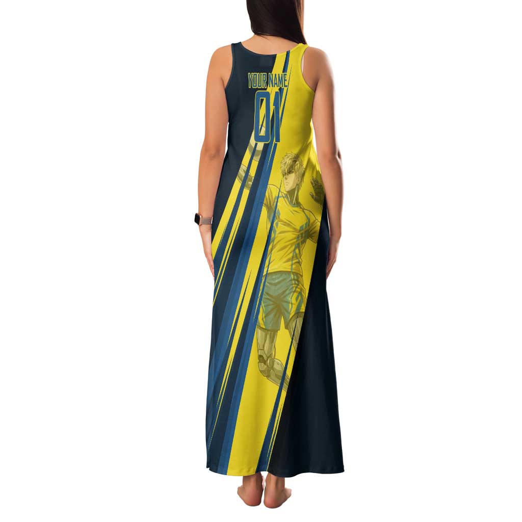 Personalized Genos Volleyball Design Family Matching Tank Maxi Dress and Hawaiian Shirt with Yellow and Blue Athletic Theme and Dynamic Spike Pose