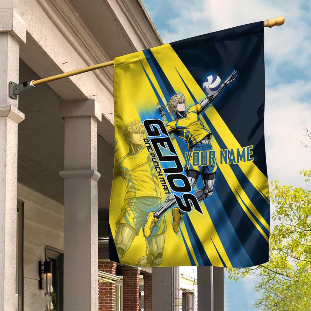Personalized Genos Volleyball Design Garden Flag with Yellow and Blue Athletic Theme and Dynamic Spike Pose