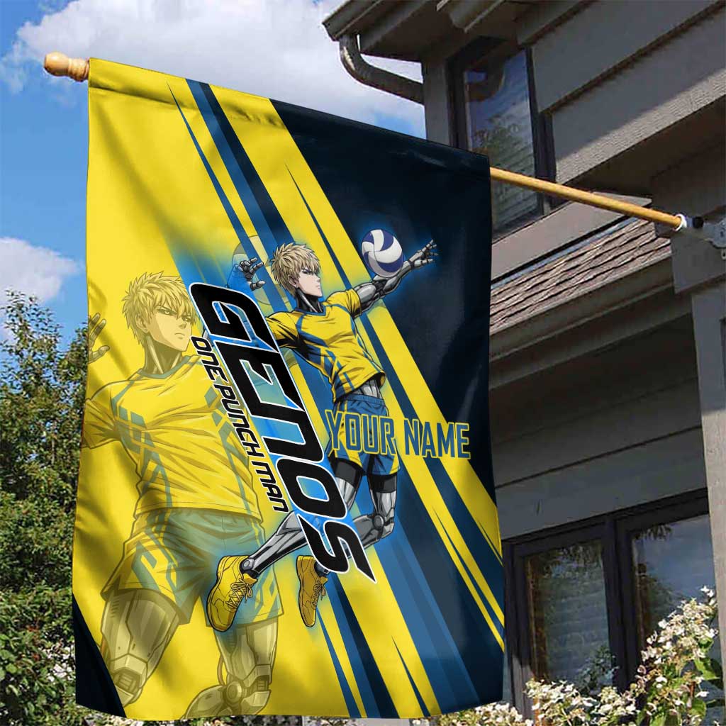 Personalized Genos Volleyball Design Garden Flag with Yellow and Blue Athletic Theme and Dynamic Spike Pose
