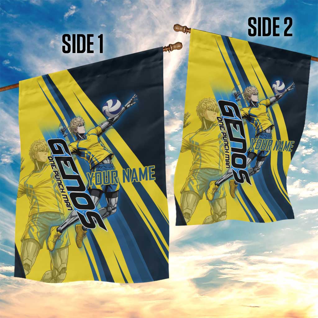 Personalized Genos Volleyball Design Garden Flag with Yellow and Blue Athletic Theme and Dynamic Spike Pose