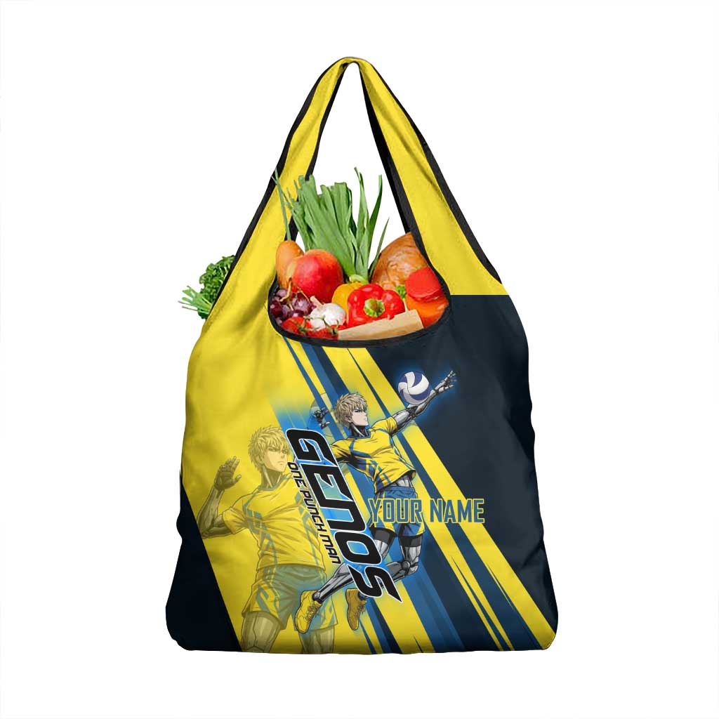 Personalized Genos Volleyball Design Grocery Bag with Yellow and Blue Athletic Theme and Dynamic Spike Pose