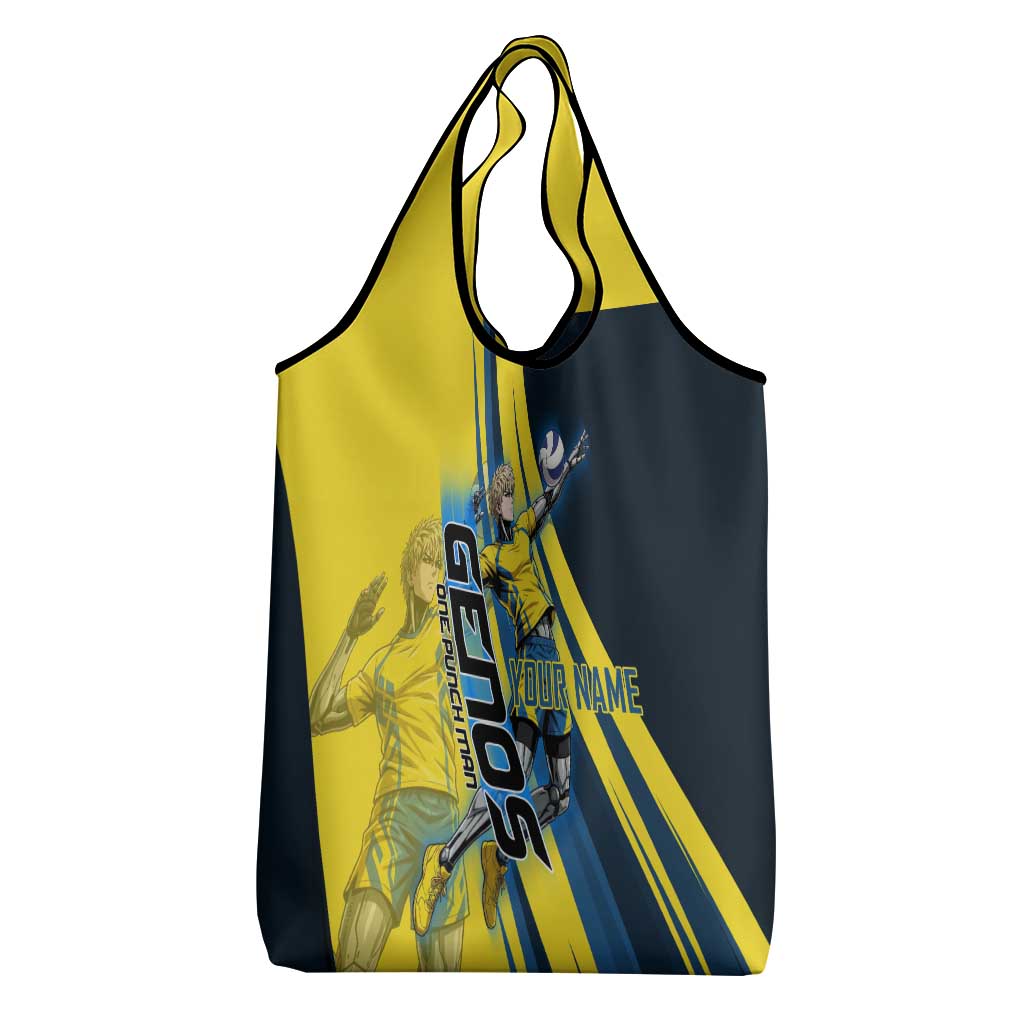 Personalized Genos Volleyball Design Grocery Bag with Yellow and Blue Athletic Theme and Dynamic Spike Pose