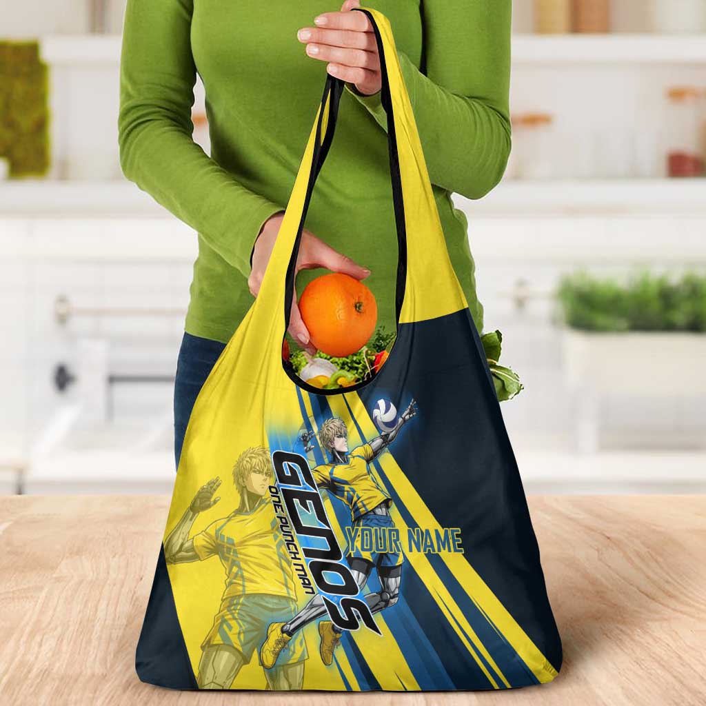 Personalized Genos Volleyball Design Grocery Bag with Yellow and Blue Athletic Theme and Dynamic Spike Pose