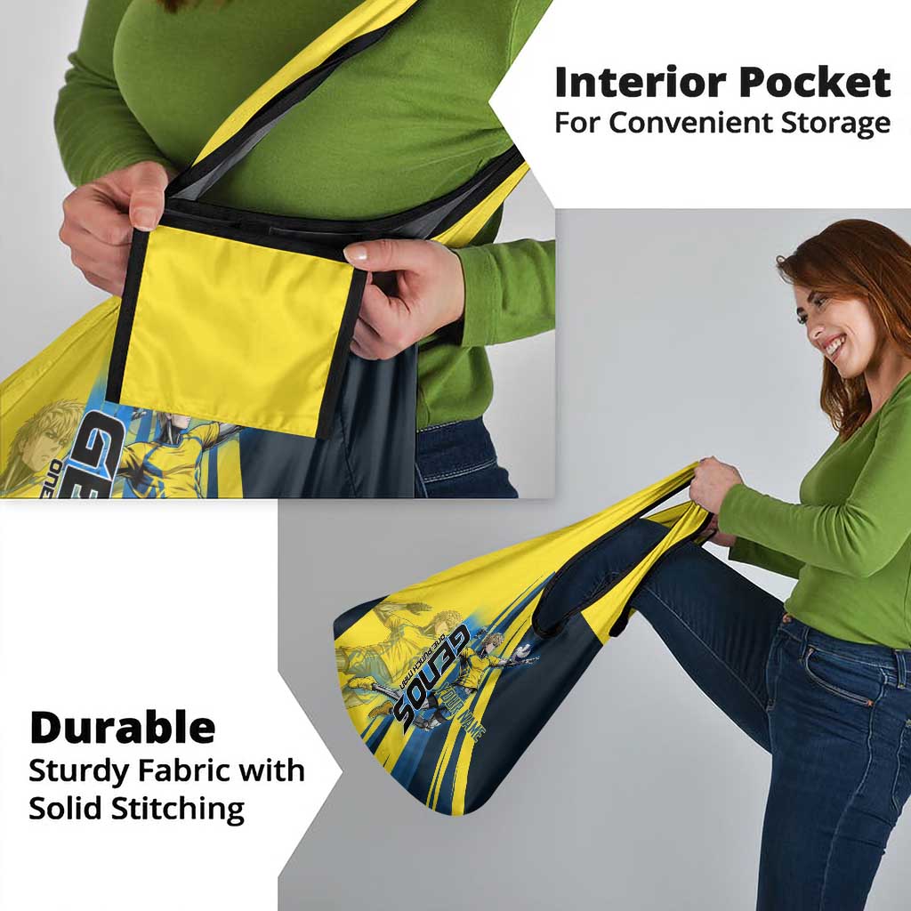 Personalized Genos Volleyball Design Grocery Bag with Yellow and Blue Athletic Theme and Dynamic Spike Pose