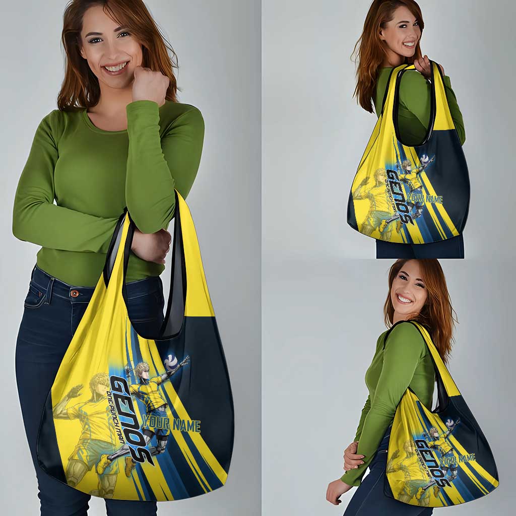 Personalized Genos Volleyball Design Grocery Bag with Yellow and Blue Athletic Theme and Dynamic Spike Pose