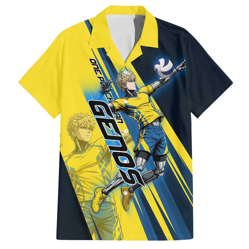 Personalized Genos Volleyball Design Hawaiian Shirt with Yellow and Blue Athletic Theme and Dynamic Spike Pose