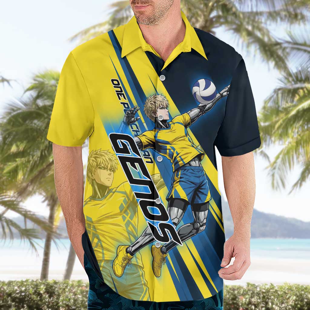 Personalized Genos Volleyball Design Hawaiian Shirt with Yellow and Blue Athletic Theme and Dynamic Spike Pose