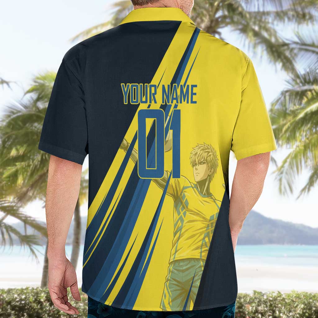 Personalized Genos Volleyball Design Hawaiian Shirt with Yellow and Blue Athletic Theme and Dynamic Spike Pose