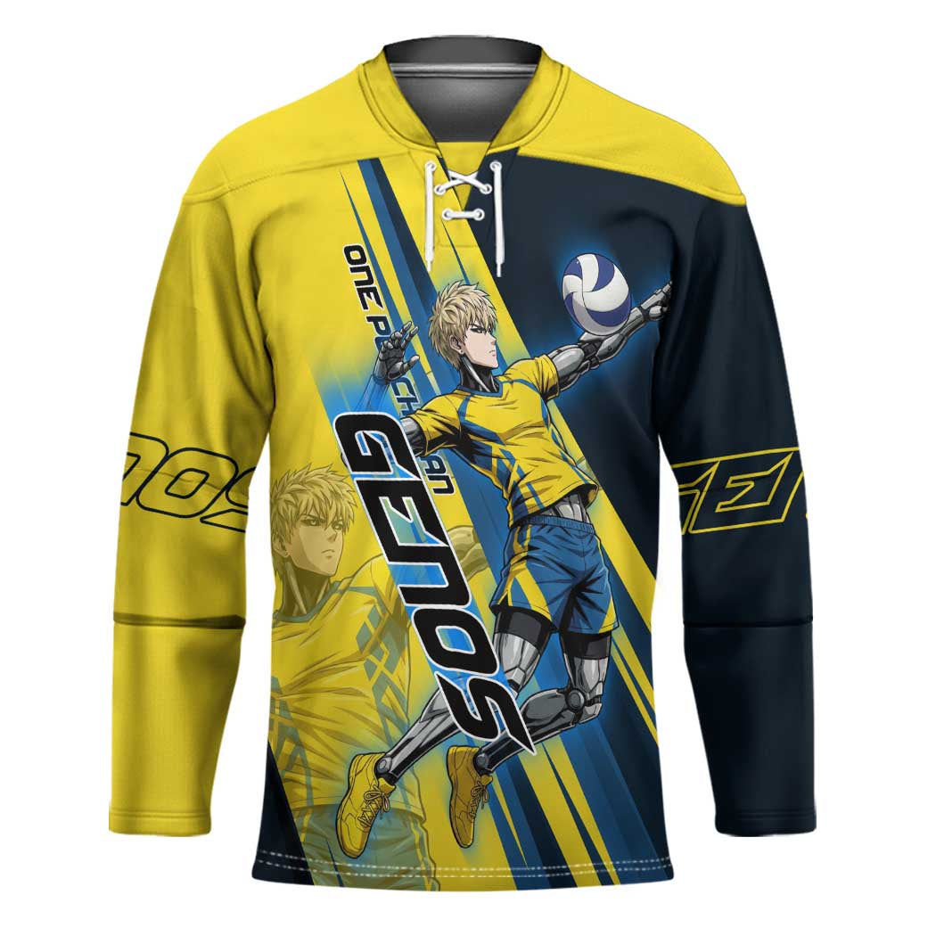 Personalized Genos Volleyball Design Hockey Jersey with Yellow and Blue Athletic Theme and Dynamic Spike Pose