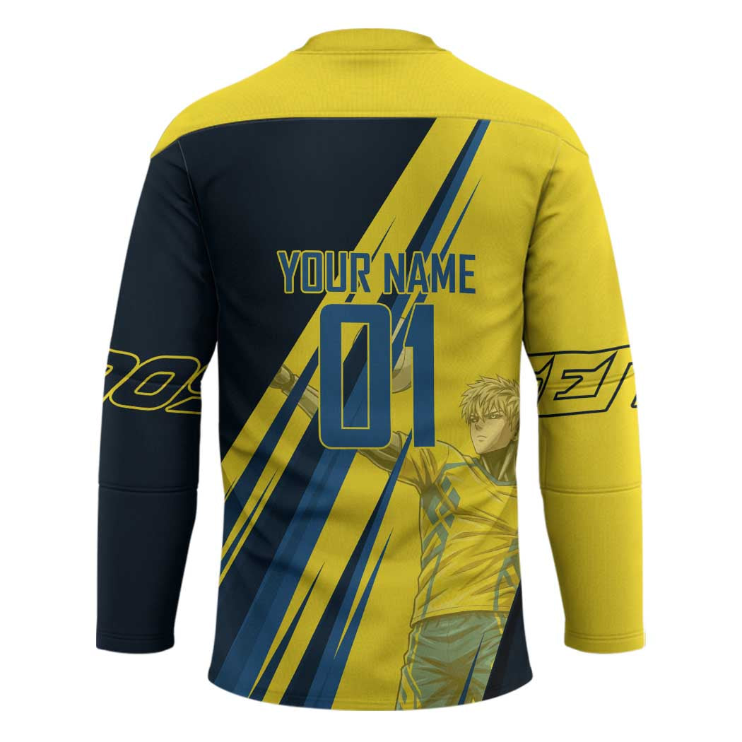 Personalized Genos Volleyball Design Hockey Jersey with Yellow and Blue Athletic Theme and Dynamic Spike Pose