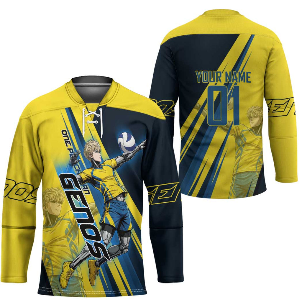 Personalized Genos Volleyball Design Hockey Jersey with Yellow and Blue Athletic Theme and Dynamic Spike Pose