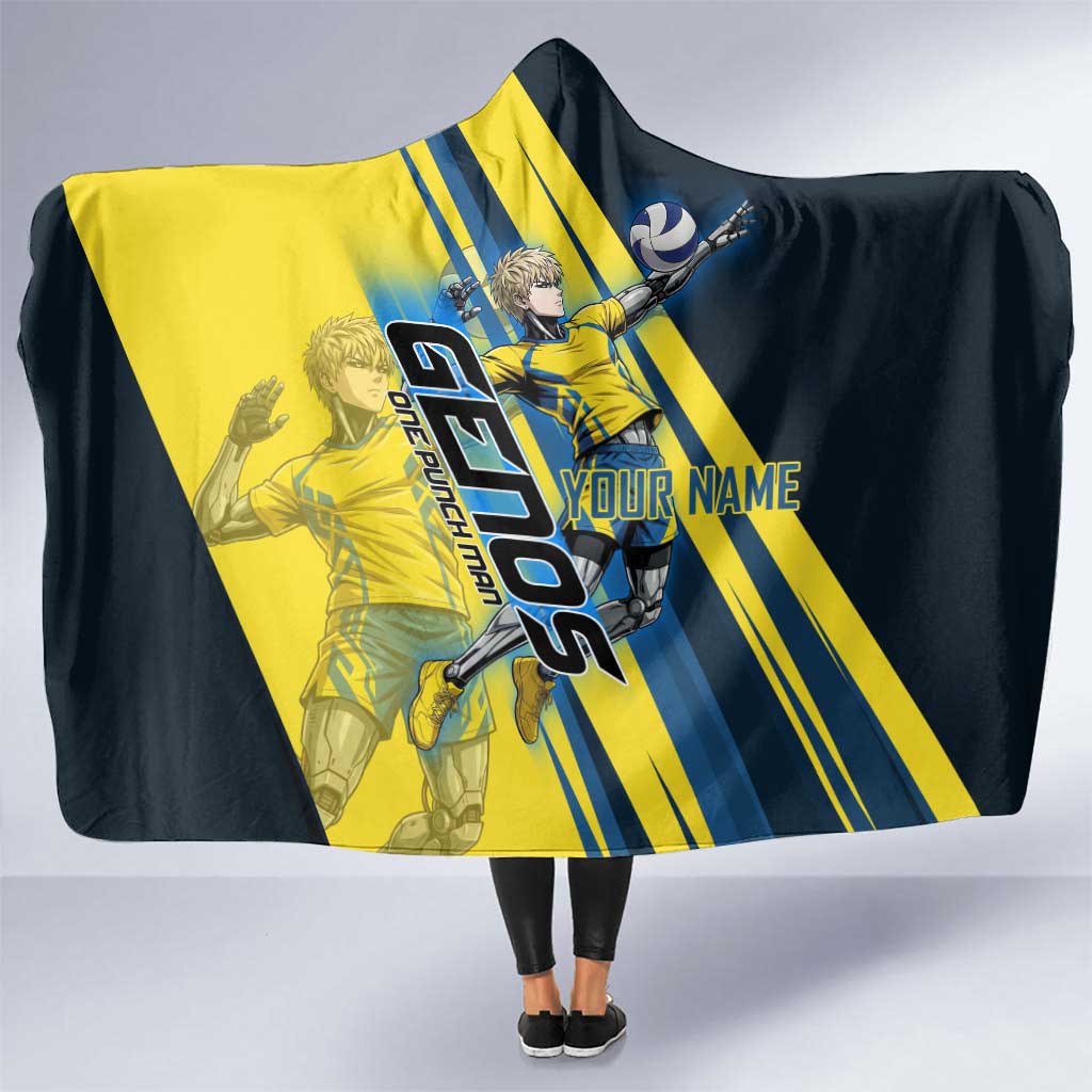 Personalized Genos Volleyball Design Hooded Blanket with Yellow and Blue Athletic Theme and Dynamic Spike Pose