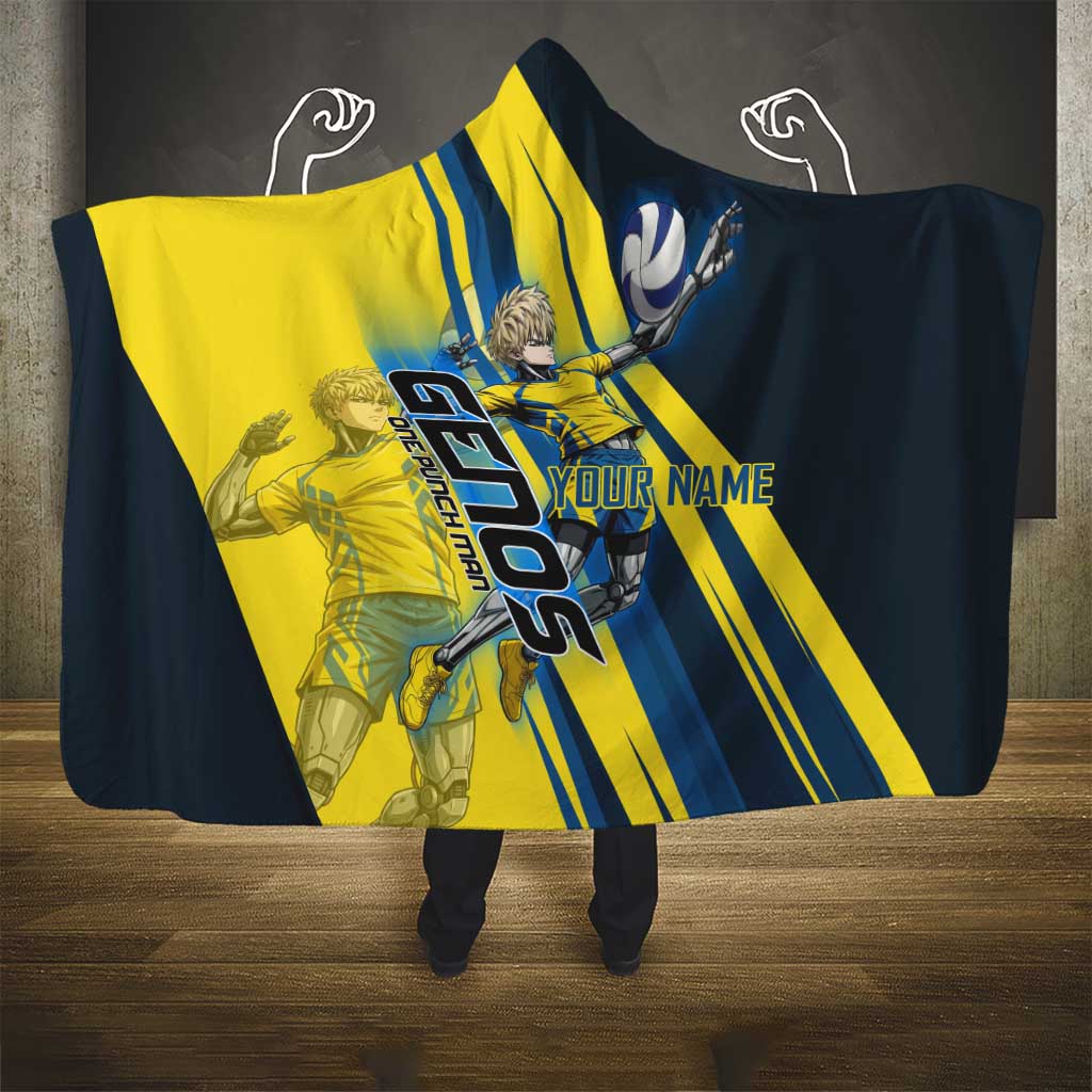 Personalized Genos Volleyball Design Hooded Blanket with Yellow and Blue Athletic Theme and Dynamic Spike Pose