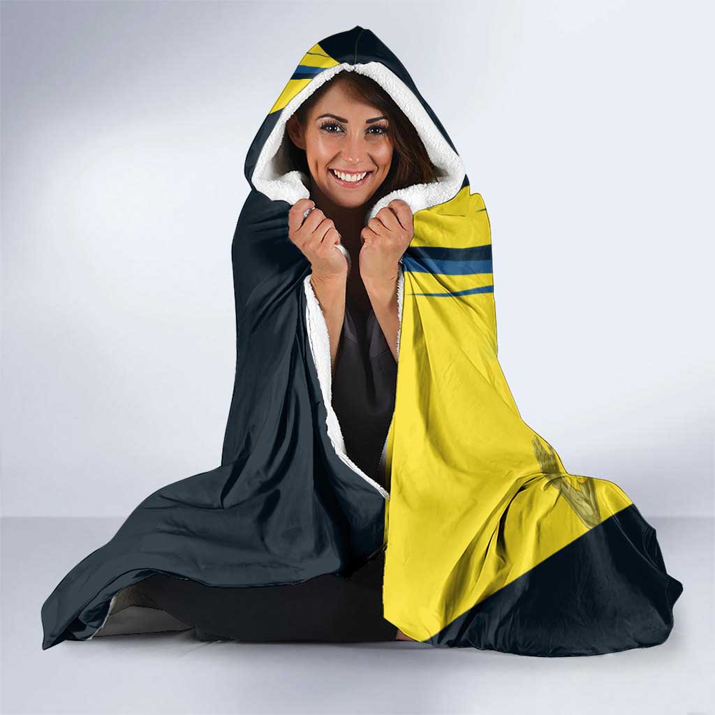 Personalized Genos Volleyball Design Hooded Blanket with Yellow and Blue Athletic Theme and Dynamic Spike Pose