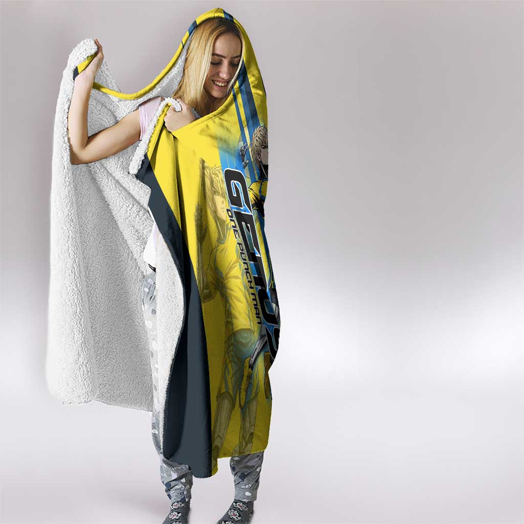 Personalized Genos Volleyball Design Hooded Blanket with Yellow and Blue Athletic Theme and Dynamic Spike Pose