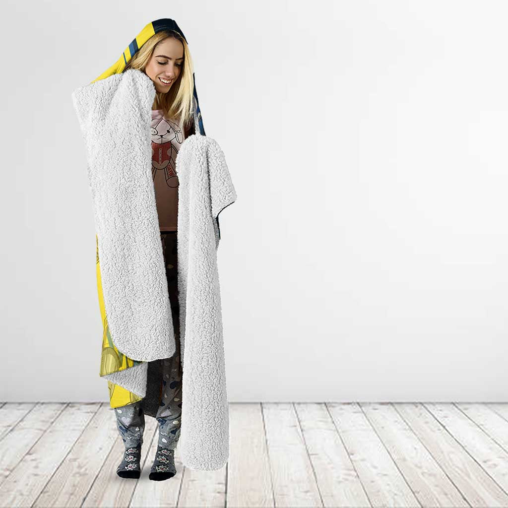 Personalized Genos Volleyball Design Hooded Blanket with Yellow and Blue Athletic Theme and Dynamic Spike Pose