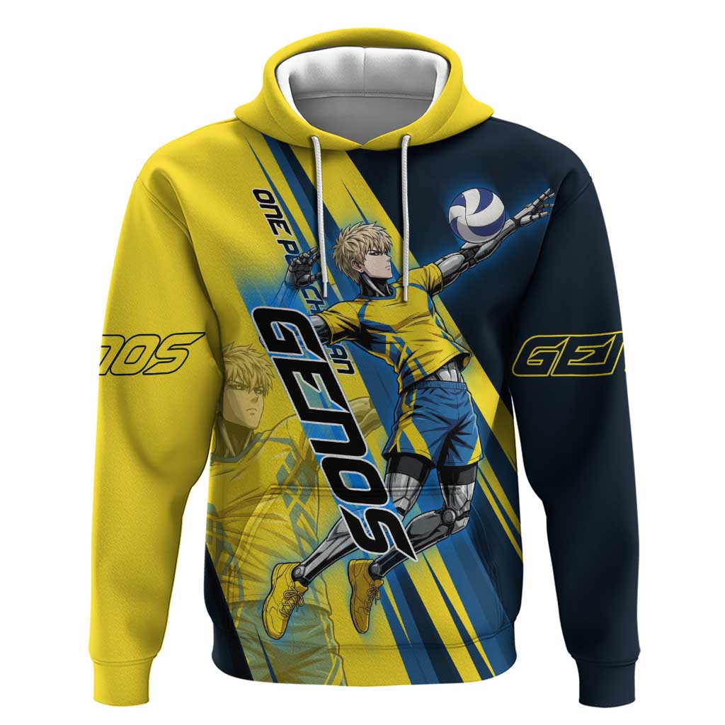 Personalized Genos Volleyball Design Hoodie with Yellow and Blue Athletic Theme and Dynamic Spike Pose