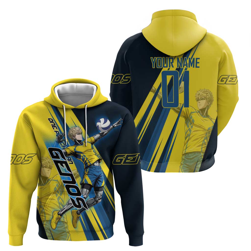 Personalized Genos Volleyball Design Hoodie with Yellow and Blue Athletic Theme and Dynamic Spike Pose