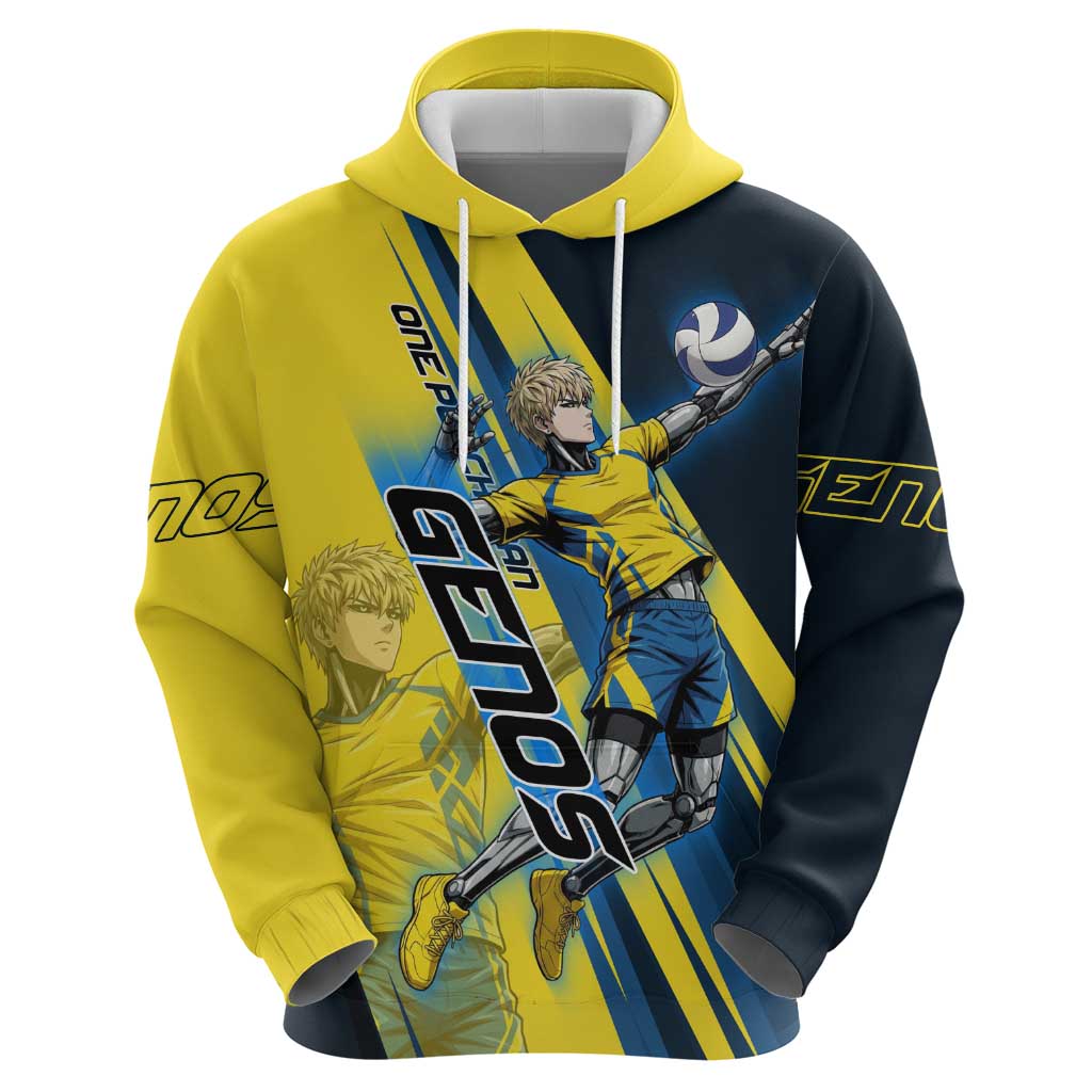 Personalized Genos Volleyball Design Hoodie with Yellow and Blue Athletic Theme and Dynamic Spike Pose