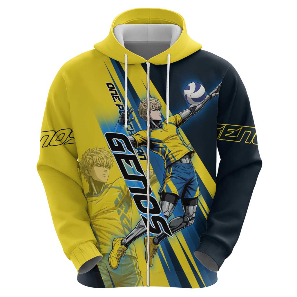 Personalized Genos Volleyball Design Hoodie with Yellow and Blue Athletic Theme and Dynamic Spike Pose